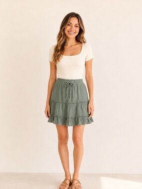 Love Tree Women’s Sage Green Ruffled Mini Skirt with Tie Detail in front Large